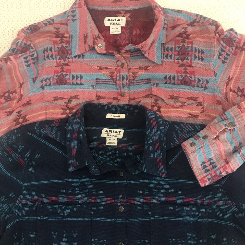 Ariat Shirt Womens XL Aztec Lightweight Workwear Country Western Pearl Snap -2